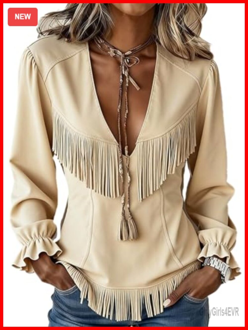 Faux Suede Fringe Top Deep V Long Sleeve Western Club Date Night